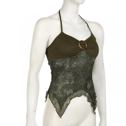 Rockmore Boho Vintage Print Mesh Patchwork Crop Top Women V Neck Camis Y2K Streetwear Female Coquette Aesthetic Clothes 2024