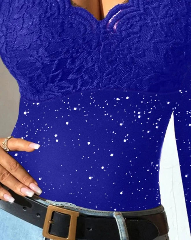 Blouse for Women Slim Deep V Neck T-Shirt 2025 Sexy Scallop Trim Lace Patchwork Glitter Flower Embroidery See-Through Shirt