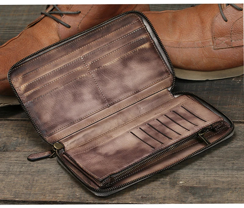 Vintage Genuine leather wallet Men leather long wallet men purse clutch bag male money clips zip around money bag card holder Style1 Coffee