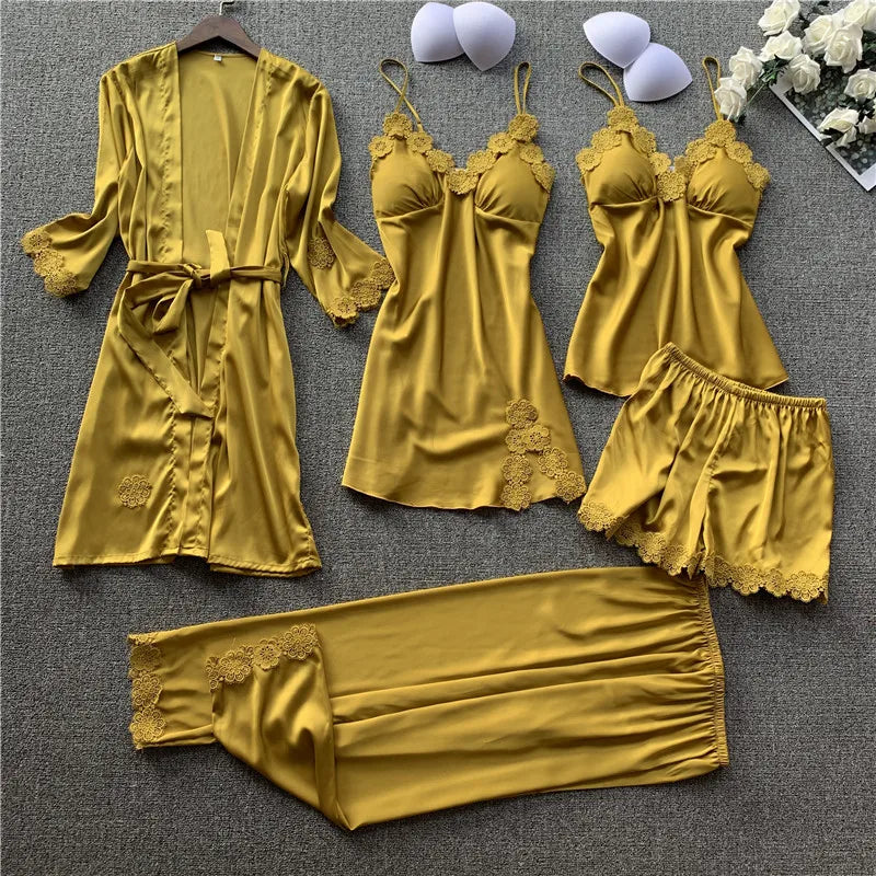 Pajamas Five Piece Set Sexy Lace Trim Nightgown Nightwear Spring Summer Women Bath Robe Loose Silk Satin Home Wear Pijamas Suit