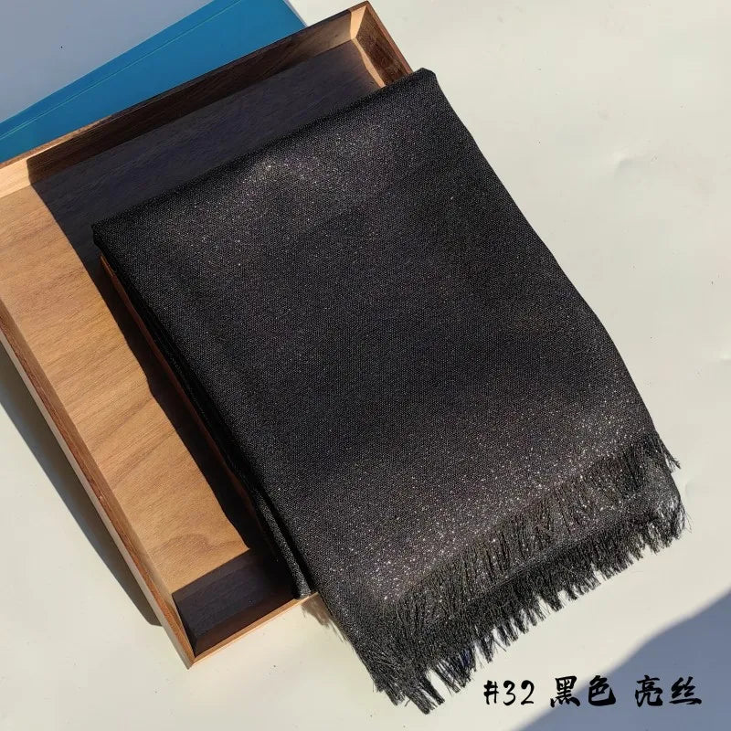 Lastest Brand Design Scarf Shiny Solid Color Shawls Rayon Fabric Gold Silk Silver Wire Head Shawl Fringe Hijab For Women 32