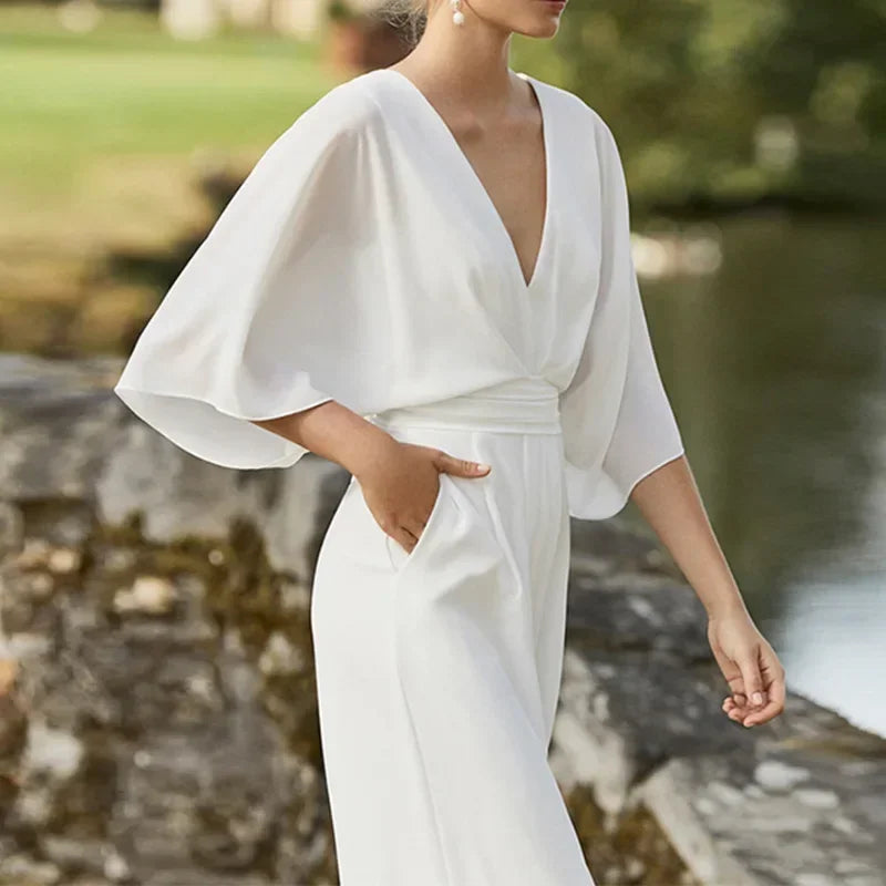 Jump Suits for Women V-neck Five-point Sleeve Wide-leg Pants Solid Color White Jumpsuits for Women Elegance Pants One Pieces new Badiee Stylez
