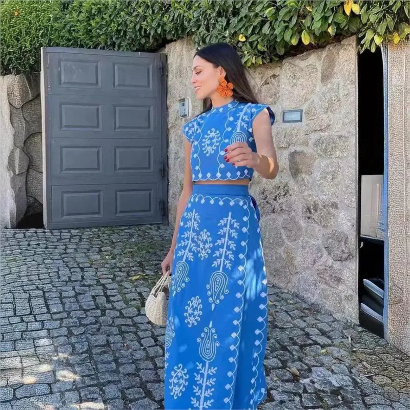 Elegant Women's Retro Printed Sleeveless Half High Neck Short Top With Vacation Style Two-piece Vestidos For Spring/summer 2024