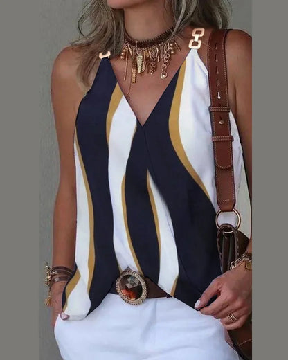 Elegant V-Neck Blouse for Women, Sexy Sleeveless Chain Print, Lady Casual Tops, White, Summer, 2024 Striped