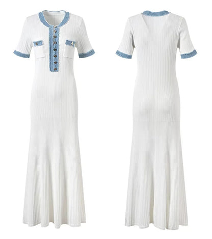 Elegant Denim Patchwork Knitted Long Dress Women Fashion V Neck Short Sleeved Buttons Bodycon Dresses Female White Pockets Robes