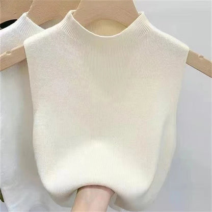 Knitted Top Women Y2K Tank Top Half Neck Vest Female Sleeveless Sweater Chic Streetwear Solid Skinny Tube Top Summer 2025 apricot One Size
