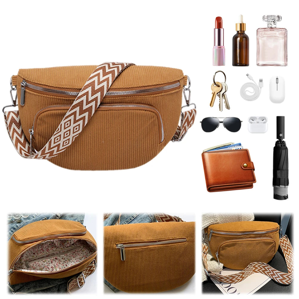 Corduroy Chest Bag Fashion Fanny Pack Wide Guitar Strap Casual Waist Bag Multi-pockets Hobo Sling Bag Outdoor Travel Bag Brown