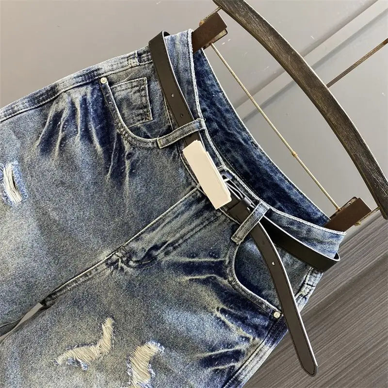 2024 Summer Latest Design Women's Knee-Length Casual Cotton Short Jeans Shorts Washed Blue Ripped Hole New Kpop Luxury Jeans