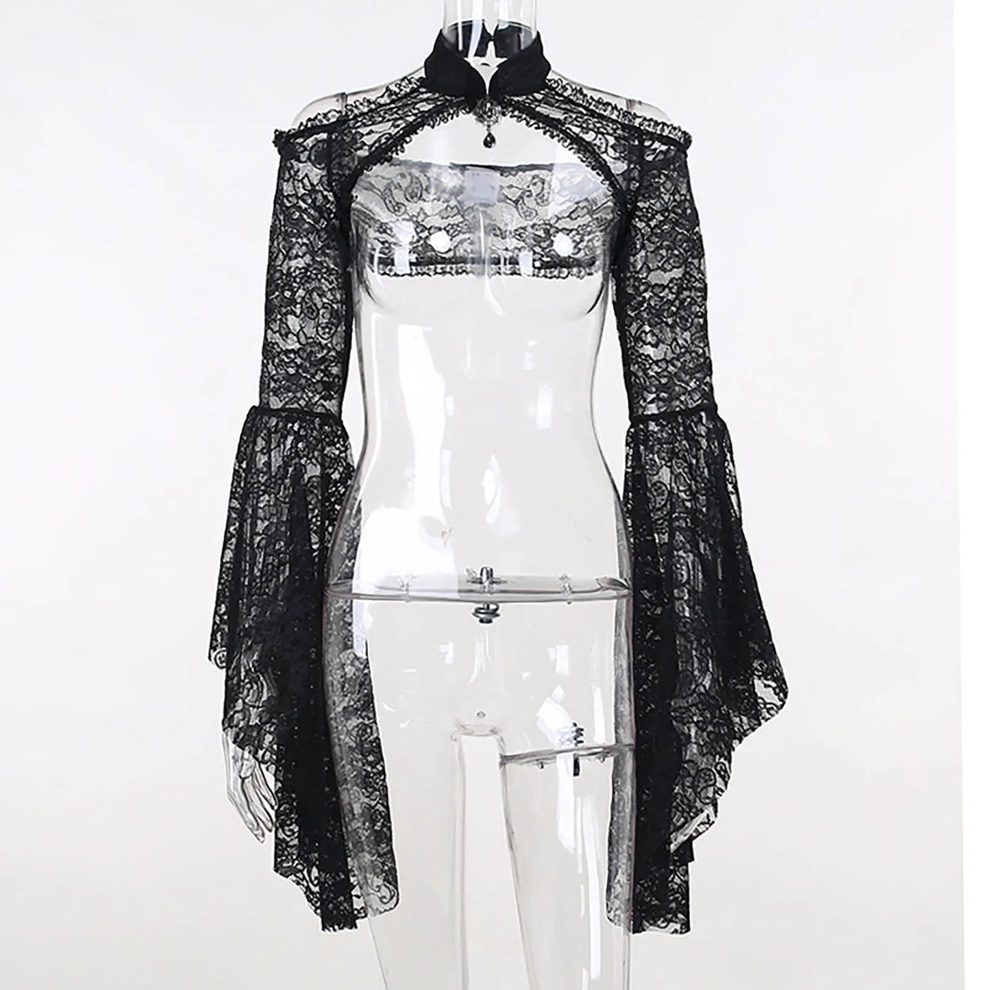 Punk Bolero Shrug Top Trad Goth Black Shawls Flared Sleeve Cover Wraps for Evening Dresses Short Cardigan See-Through Lace Shrug