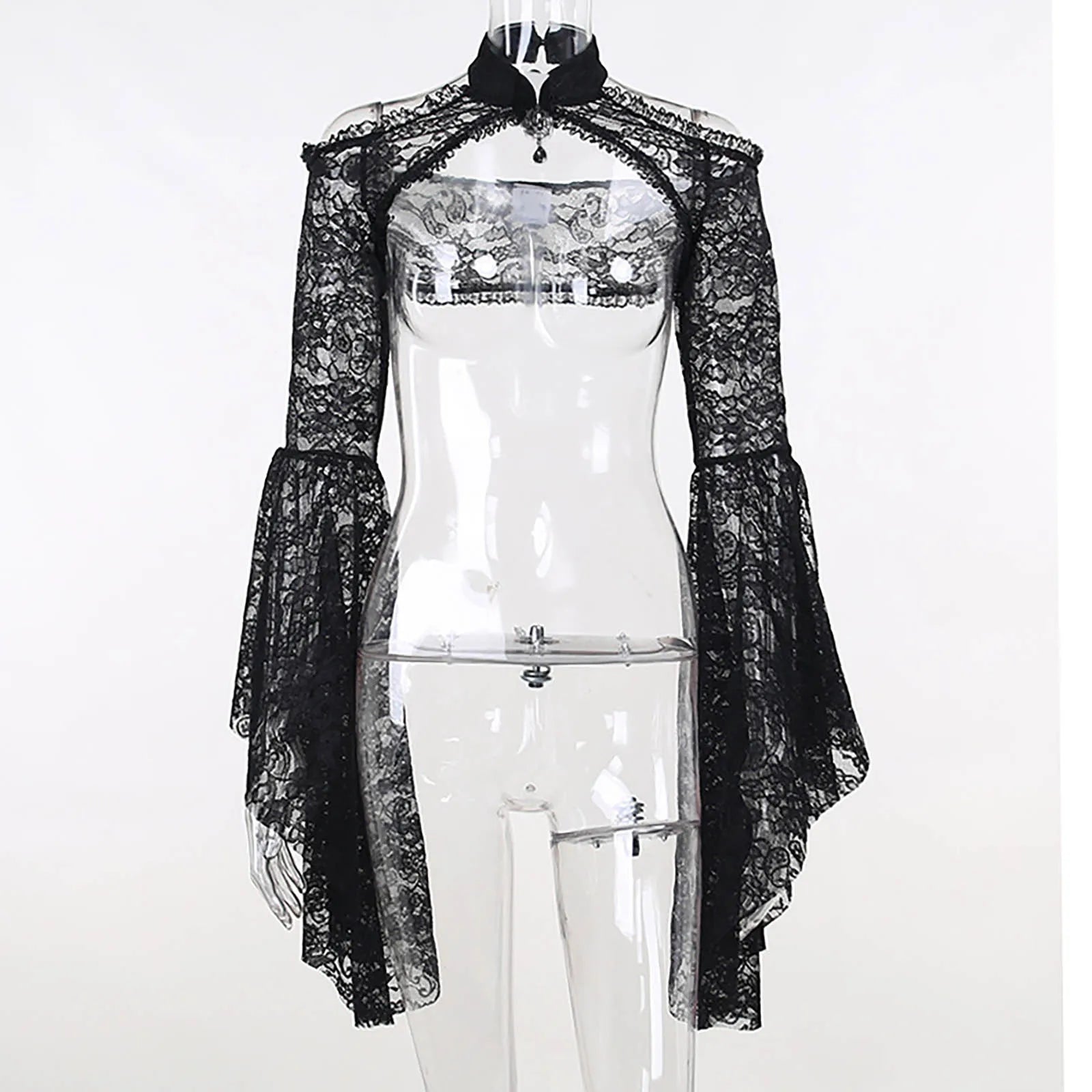 Punk Bolero Shrug Top Trad Goth Black Shawls Flared Sleeve Cover Wraps for Evening Dresses Short Cardigan See-Through Lace Shrug