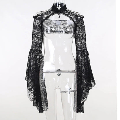 Punk Bolero Shrug Top Trad Goth Black Shawls Flared Sleeve Cover Wraps for Evening Dresses Short Cardigan See-Through Lace Shrug