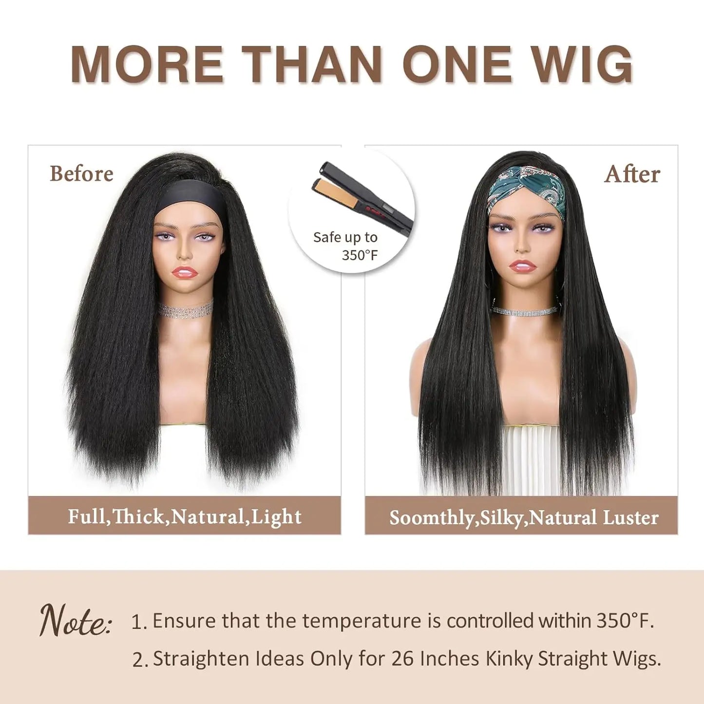 Kinky Straight Headband Synthetic Wig for Women Yaki Straight Wigs with Black Headband Hair Easy to Style No Lace Front No Glue