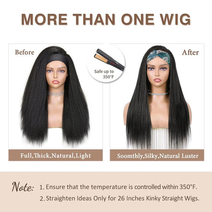 Kinky Straight Headband Synthetic Wig for Women Yaki Straight Wigs with Black Headband Hair Easy to Style No Lace Front No Glue