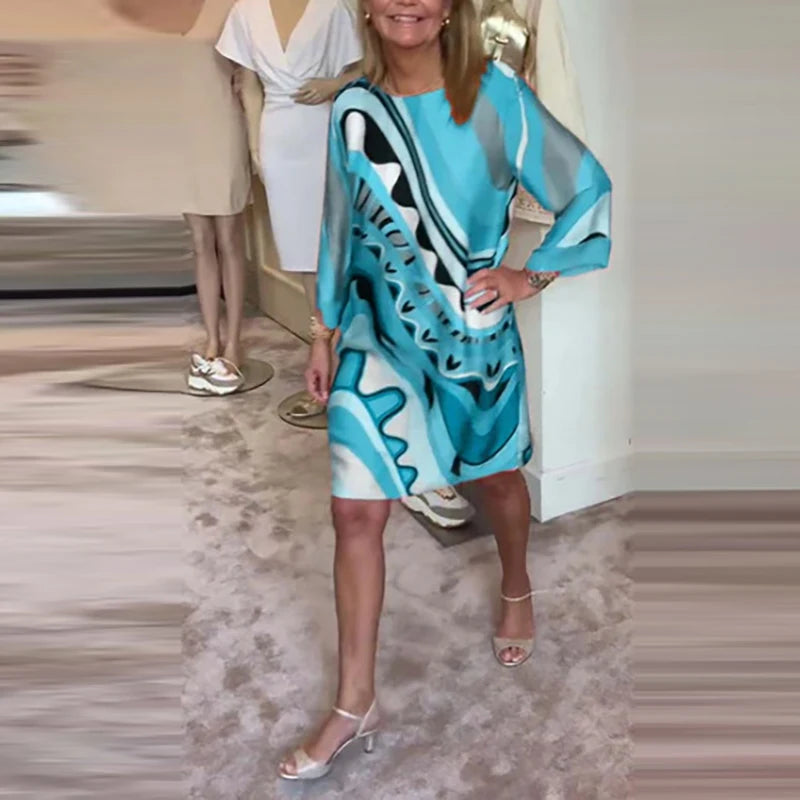 Ladies Elegant Crew-neck Pullover Office Dress Autumn All Match Pattern Print Female Dress 2024 Chic Long Sleeve Commuter Dress