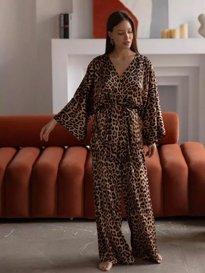 Mozuleva Solid Color Long Sleeved Pants Pajama 2-Piece Set Women's Autumn Winter Lace Up Nightgown Comfortable Home Clothing