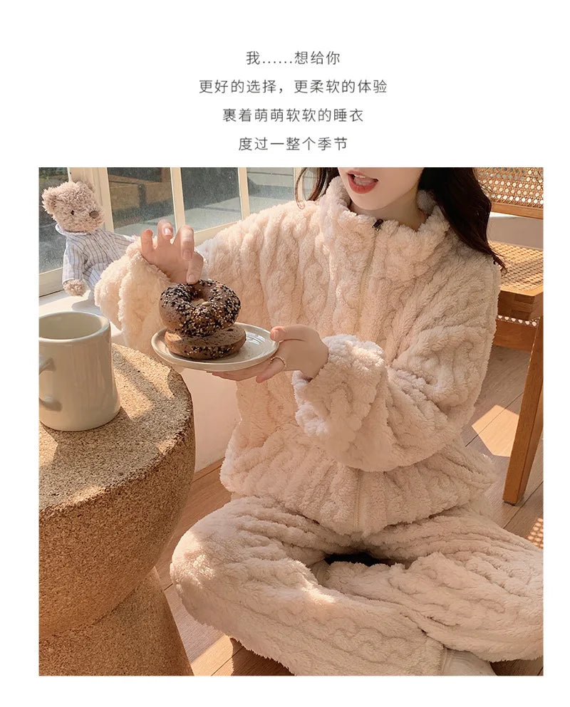 Large Size Flannel Pajamas Set Autumn Winter Female Sleepwear Trouser Suit Thicken Coral Fleece High Collar Lounge Wear Homewear