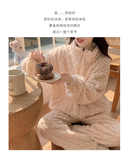 Large Size Flannel Pajamas Set Autumn Winter Female Sleepwear Trouser Suit Thicken Coral Fleece High Collar Lounge Wear Homewear