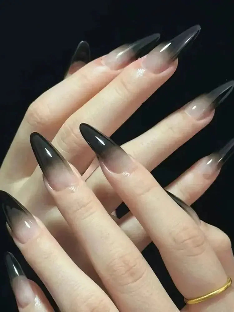 24pcs Black Gradients Long Paragraph Fashion Manicure Patch Reusable Adhesive False Nails Almond Fake Nails Press On Stiletto