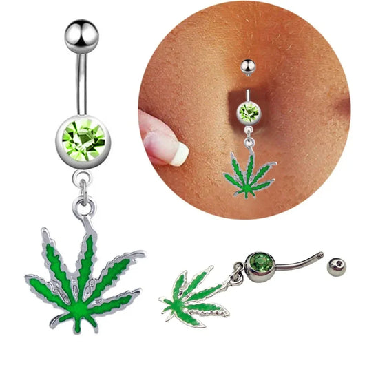 1/2pcs 316L Stainless Steel Leaf Belly Button Ring for Women, Green Maple Leaf Dangle Belly Barbell Navel Body Piercing Jewelry B2-2pcs-Silvery Navel & Bell Button Rings CHINA|14G-1.6mm-0.06in