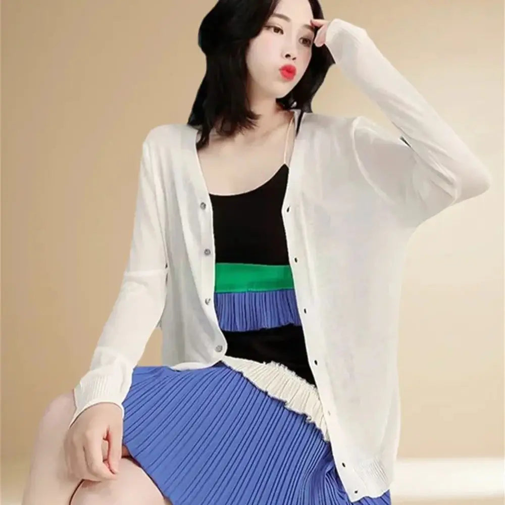 Spring Summer Comfortable Casual Blouses white knitted cardigan 2024 Women's Clothing Solid V-neck Elegant Fashion Button Loose