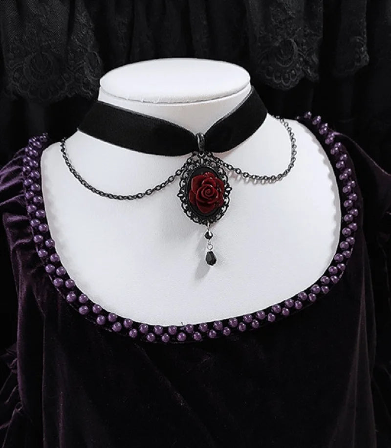 Gothic Dark Rose Cameo Choker Women Girls Halloween Pagan Witch Jewelry Accessories Gift Vintage Vampire Rose Velvet Necklace