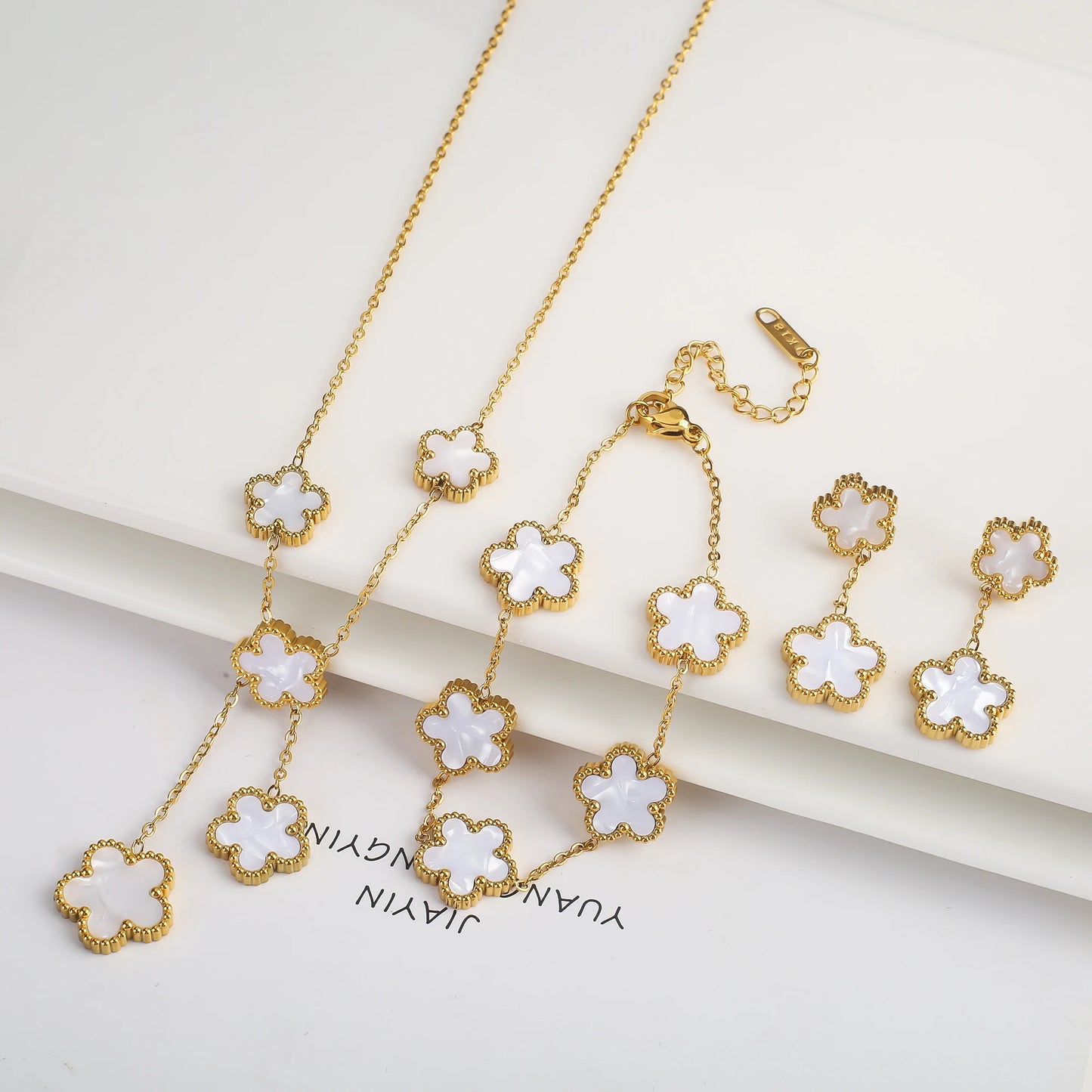 3Pcs Stainless Steel Hot Selling Gold Plated Clover Necklace Earrings Bracelet Jewelry Set Five Leaf Flower Jewelry For Women Jewelry Set 8