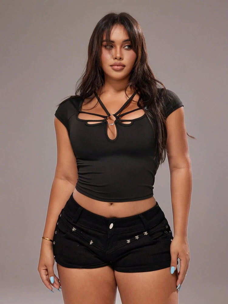 Plus Size Rave Coachella Women's Plus Size Skinny Whole Simple Fashion Neckline Bundle Stripe Short Sleeve T-Shirt