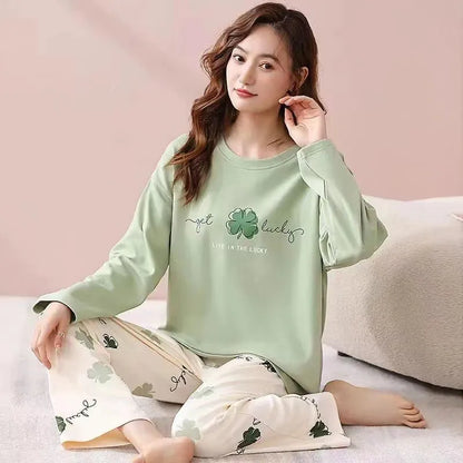 Women's Pajamas Two-Piece Casual Cute Comfortable Sleepwear Homewear Set Tops and Trousers Nightwear Lounge Wear Autumn Winter 9041Green