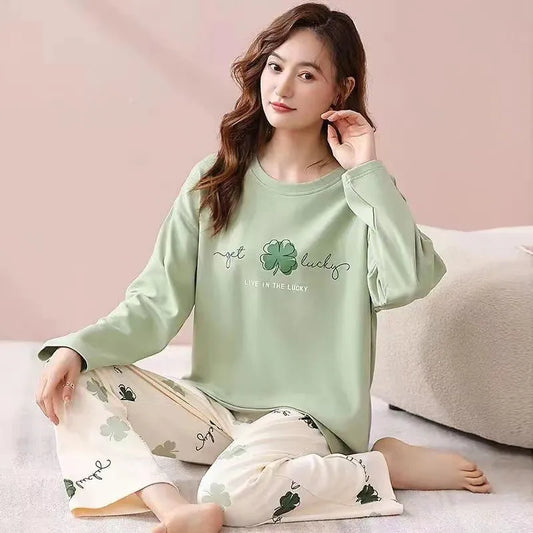 Women's Pajamas Two-Piece Casual Cute Comfortable Sleepwear Homewear Set Tops and Trousers Nightwear Lounge Wear Autumn Winter 9041Green