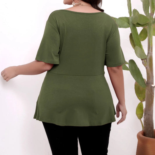 Plus size top women's short sleeve round neck belted t-shirts spring summer ladies casual T-shirt tops solid color pullover