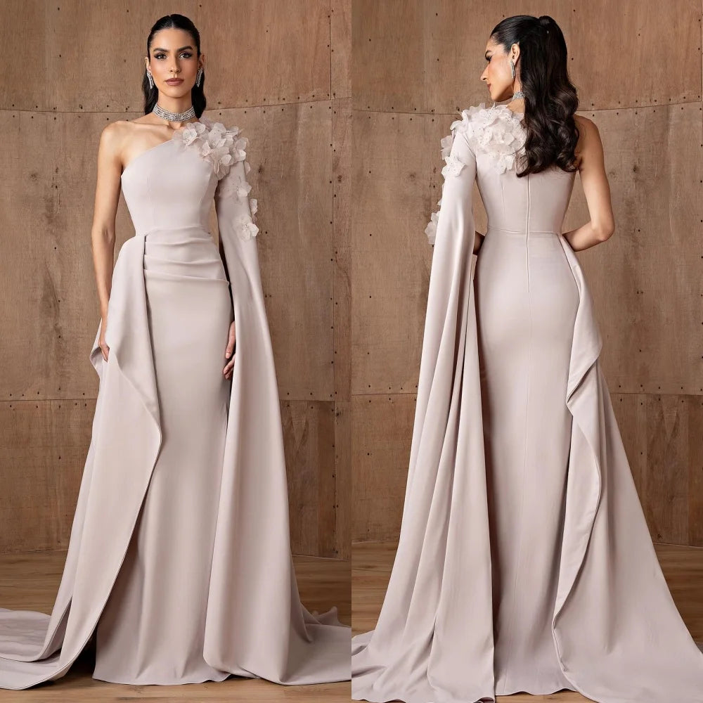 Customized Simple Jersey Pleat Flower A-line One-shoulder Long Dresses Bespoke Occasion Dresses Classic Exquisite Modern Style P Badiee Stylez