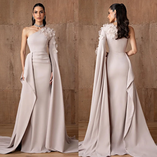 Customized Simple Jersey Pleat Flower A-line One-shoulder Long Dresses Bespoke Occasion Dresses Classic Exquisite Modern Style P Badiee Stylez