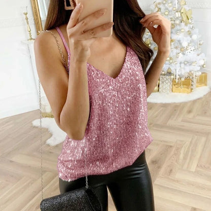 Women’s Solid Color V-Neck Tank Tops Ladies Glitter Strappy Sexy Cami Swing Vest Clubwear Fashion Canottiera Donna Estiva Pink