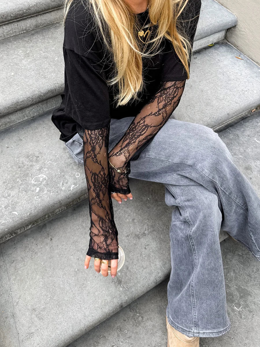 Women Round Neck T-Shirt Lace Long Sleeve Casual Shirts Spring Fall Loose Fit Tops Ladies Solid Color Tee for Streetwear Y2K 00s