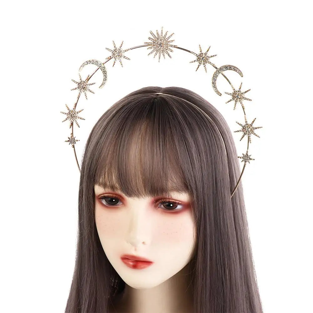 Exaggerated Metal Star Hair Hoop Silver Princess Halo Crown Bridal Hair Tiara Rhinestone Baroque Hairbands Children
