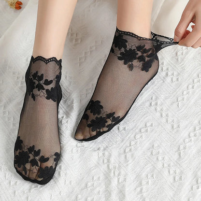 5 Pairs/Lot Socks women's Lace Transparent Lolita Invisible Summer Thin Non-slip Short Ankle Black Low Cut Boat Sock