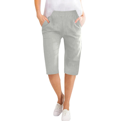 Womens Capris Cotton Linen Pants Drawstring Elastic Waist Pants Casual Cropped Trousers Daily Breeches Five Half Pants Pantalone Gray