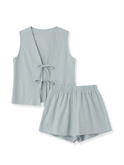 Women 2-Piece Shorts Set Plaid Print Lacing V-Neck Sleeveless Tank Tops Elastic Waistband Shorts Loungewear Outfits