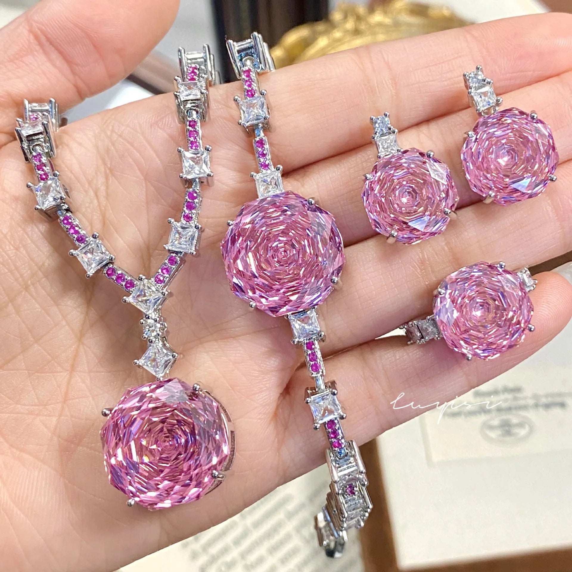 High Quality Rose Purple Pink Crystal Zircon Jewelry Set Necklace for Women Earrings Ring Bracelet Wedding Banquet Party Holiday Badiee Stylez