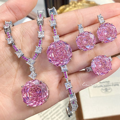High Quality Rose Purple Pink Crystal Zircon Jewelry Set Necklace for Women Earrings Ring Bracelet Wedding Banquet Party Holiday Badiee Stylez