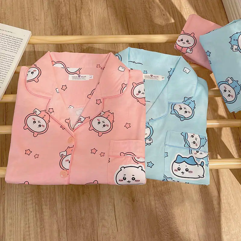 Kawaii Chiikawa Anime Pajamas Cartoon Usagi Hachiware Cute Girls Long Sleeves Long Pants Spring Autumn Student Home Clothes Set