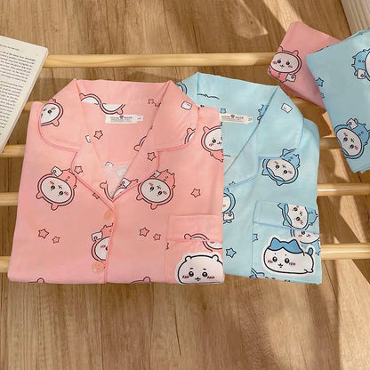 Kawaii Chiikawa Anime Pajamas Cartoon Usagi Hachiware Cute Girls Long Sleeves Long Pants Spring Autumn Student Home Clothes Set
