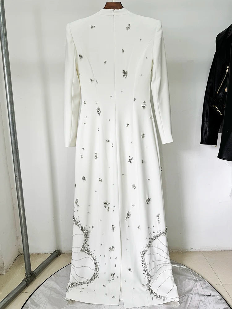 HIGH STREET Newest 2025 Designer Vestido Women's Long Sleeve Luxurious Crystal Diamonds Beaded Long Maxi Dress Badiee Stylez