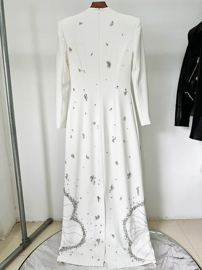 HIGH STREET Newest 2025 Designer Vestido Women's Long Sleeve Luxurious Crystal Diamonds Beaded Long Maxi Dress Badiee Stylez