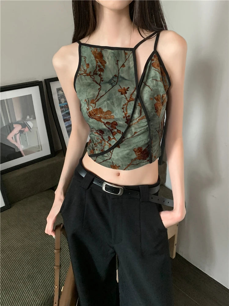 CHEERART Flocking Floral Vintage Crop Cami Top For Women 2024 Sleeveless Flower Green Tops Designer Clothes Luxury
