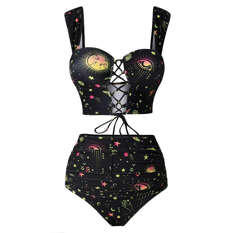 Dressfo Women's Vintage Tanknini Swimsuit Sun Moon Print Lace Up Cut Out Ruched High Waist Bottom Push Up Underwire Swimwear Yellow