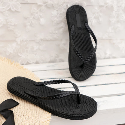 Women's summer beach vacation round-toed comfortable open-toe flip-flops, casual and home-style flip-flops Black
