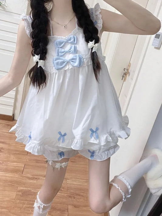 Japanese Soft Girl Strappy Bow Sling Top Shorts Two Piece Set Cotton Pajamas Women's Lolita Sleepwear 2025 New Summer
