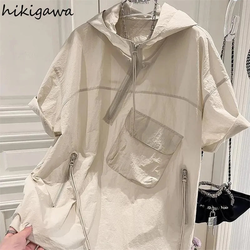 Summer Hoodies Women's Clothing Short Sleeve Hooded Half Zipper Y2k Tops Streetwear Casual Fashion Korean Sweatshirt Ropa Mujer