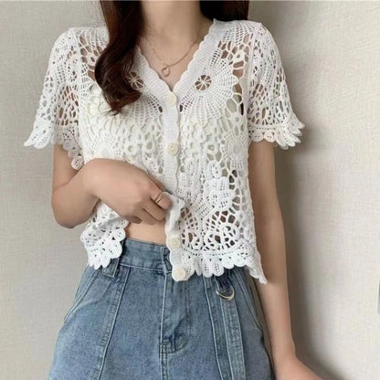 Women French Style Short Sleeve Lace Shrug Hollow Out Crochet Knit Cardigan V-Neck Button Down Sheer Crop for Jac